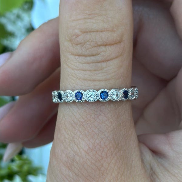 Art Deco Sterling Silver Eternity Band Ring: Sapphire & Diamond CZ