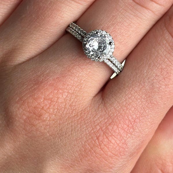 Art Deco Sterling Silver Bridal Set: Round CZ Halo Engagement Ring