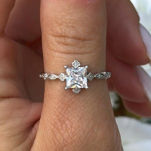 Dainty Art Deco Sterling Silver Engagement Ring: Princess Cut CZ Accent