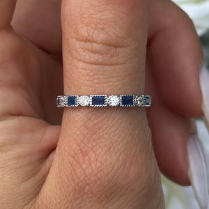Art Deco Simulated Sapphire Eternity Band Ring: Sterling Silver Anniversary
