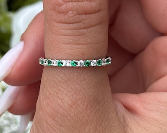 Sterling Silver Eternity Band Ring: Simulated Emerald & Diamond, 2mm