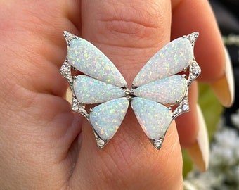 Sterling Silver Butterfly Ring: Lab White Opal & CZ, Art Deco Band