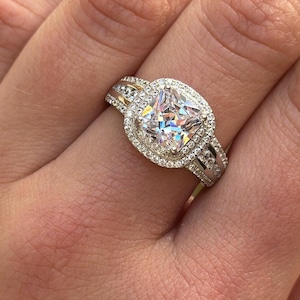 Halo Cushion Cut 2.04 Carat Diamond CZ Wedding Engagement Bridal Ring Round Diamond CZ Accent Sterling Silver