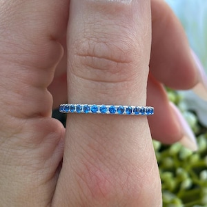 2mm Full Eternity Stackable Band Ring Simulated Blue Sapphire CZ Solid 925 Sterling Silver Wedding Band, Eternity Band September Stone