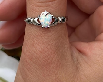 Sterling Silver Claddagh Ring: White Opal & Simulated Diamond