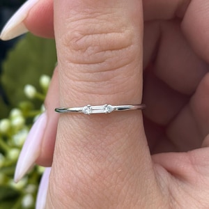 2mm Stackable Eternity Art Deco Petite Dainty Band Wedding Engagement Ring Baguette Round  Diamond CZ Solid 925 Sterling Silver Three Stone