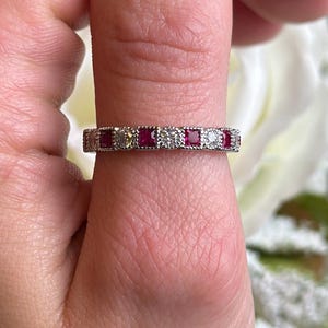 Art Deco Ruby CZ Wedding Band: Sterling Silver Eternity Ring