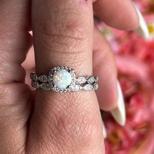 Round Lab White Opal Halo Two Piece Wedding Engagement Set Art Deco Ring Band Sterling Silver Round Simulated Diamond CZ Vintage