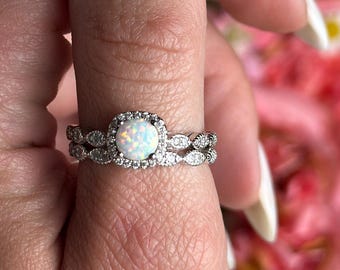 Art Deco White Opal Sterling Silver Wedding Ring Set