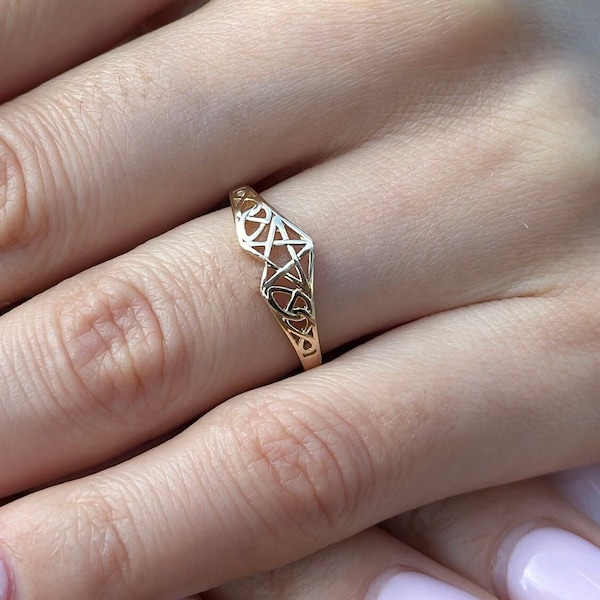 14k Solid Gold Filigree Pentagram Star Statement Thumb Gold Ring White Gold Yellow Gold Women Gold Ring Pentagram Star Shape Ring 7 mm