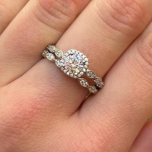 Two Piece Halo Wedding Engagement Bridal Set Vintage Art Deco Ring Band 925 Sterling Silver Round Simulated Diamond CZ