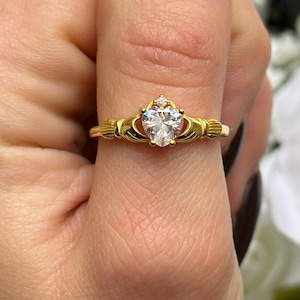 Irish Claddagh Promise Ring 14K Yellow Gold CZ Round Heart Simulated Diamond Accent Claddagh Engagement Ring April Stone Wedding Anniversary
