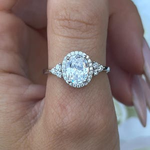 Art Deco Oval Engagement Ring: 1.86 Carat Simulated Diamond, Sterling Silver Halo
