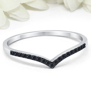 2mm Half Eternity Chevron Midi Ring Round Simulated Black Diamond Ring 925 Sterling Silver V Ring