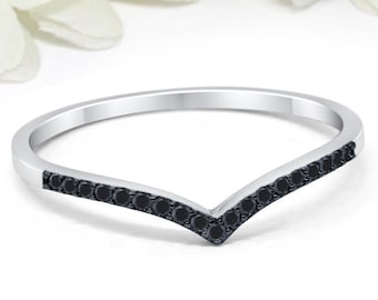 2mm Half Eternity Chevron Midi Ring Round Simulated Black Diamond Ring 925 Sterling Silver V Ring