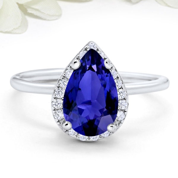 Halo Pear 3 Carat Wedding Engagement Teardrop Bridal Ring Pear Blue Sapphire CZ Round Diamond CZ 925 Sterling Silver