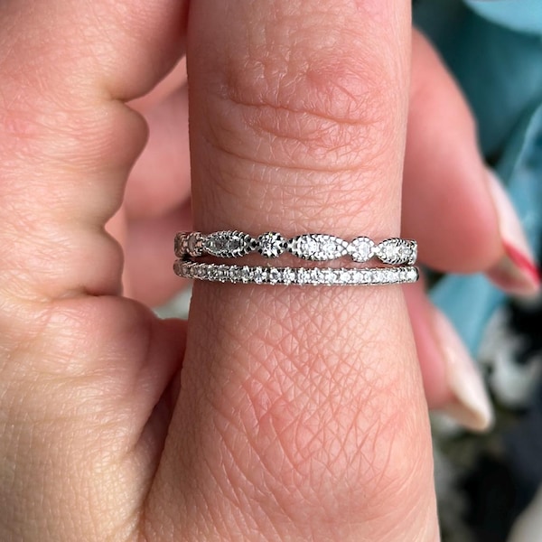 Art Deco Sterling Silver CZ Wedding Band Set: Marquise & Round Stacking Rings