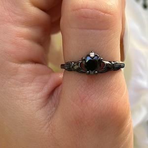 Claddagh Ring Irish Black Gold 925 Sterling Silver Heart Simulated Black Diamond CZ Irish Claddagh Engagement Ring