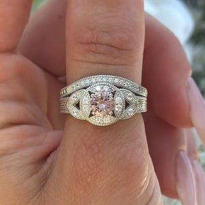 Rose Gold Morganite CZ Two Piece Art Deco Vintage Wedding Halo Engagement Ring Round Diamond CZ 925 Sterling Silver Bridal Set Ring Art Deco