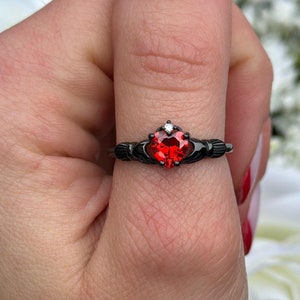 Claddagh Ring Irish Black Gold 925 Sterling Silver Heart Simulated Garnet Round CZ Irish Claddagh Engagement Ring January Stone