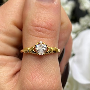 Claddagh Ring Yellow Gold Sterling Silver Round Heart Simulated Diamond Accent Claddagh Engagement Irish Promise Ring