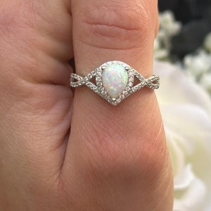 Halo Infinity Shank 1.25 Carat Pear Teardrop Lab White Opal Wedding Engagement Bridal Ring Round Diamond CZ Accent Solid 925 Sterling Silver