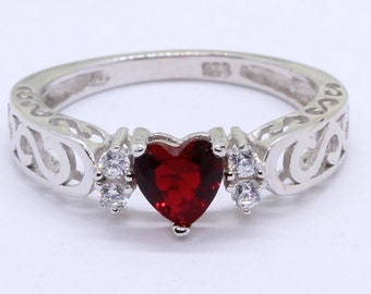 Art Deco Filigree Heart Red Garnet CZ Promise Ring 925 Sterling Silver Round Simulated Diamond Engagement Bridal Valentines Girlfriend