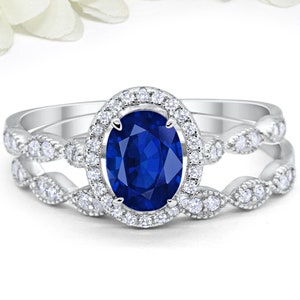 1.65 Carat Oval Blue Sapphire CZ Art Deco Solitaire Accent Dazzling Wedding Engagement Ring Band Two Piece Round CZ Sterling Silver image 1