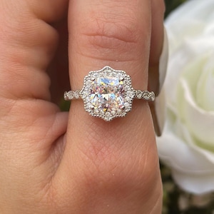 Art Deco Halo Cushion Cut 2.04 Carat Wedding Engagement Ring Round Diamond CZ Accent Solid 925 Sterling Silver Bridal Jewelry, Wedding Ring