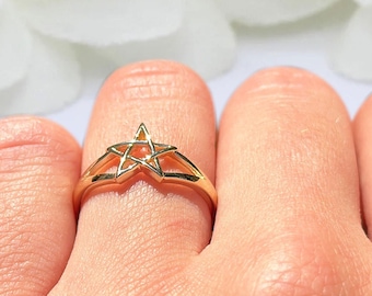 14k Solid Gold Star Plain Split Shank Pentagram Thumb Gold Ring Women Gold Ring Pentagram Celtic Star Shape Statement Ring 10mm