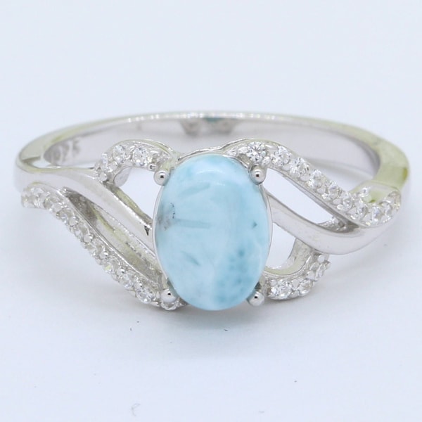 Oval Natural Dominican Larimar Wedding Engagement Ring Solid 925 Sterling Silver Larimar Ring Vintage Art Deco Simulated Diamond