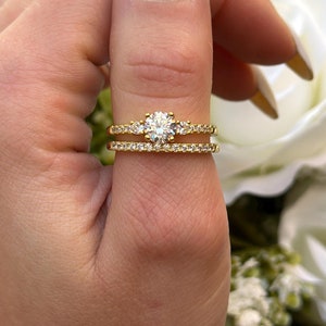 Three Stone Two Piece Art Deco Ring 1 Ct Round Diamond CZ Solid 925 Sterling Silver Yellow Gold Rose Gold White Gold Wedding Engagement Ring