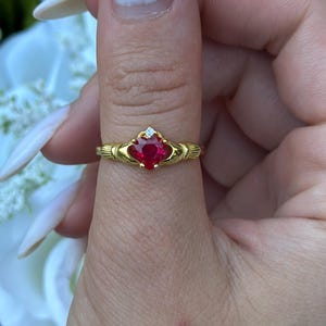 Claddagh Ring Yellow Gold Sterling Silver Round Heart Ruby CZ Simulated Diamond Claddagh Engagement Irish Promise Ring July