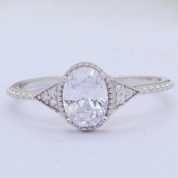 Art Deco Oval 1.86 Carat Diamond CZ Wedding Engagement Bridal Ring Art Deco Vintage Ring Round CZ Accent 925 Sterling Silver