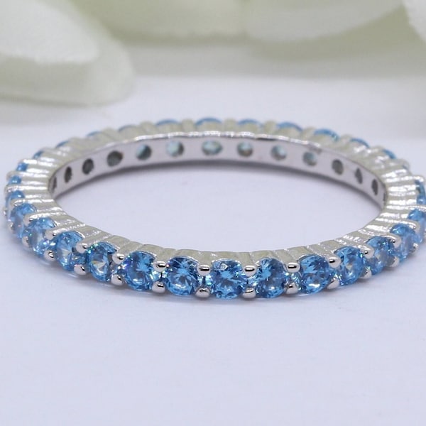 2mm Full Eternity Stackable Stacking Round Simulated Swiss Blue Topaz Blue Zircon Wedding Band Ring 925 Sterling Silver December Stone