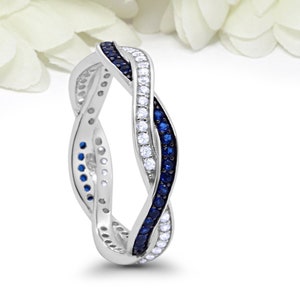 4mm Braided Infinity Crisscross Band Ring Round Blue Sapphire CZ 925 Sterling Silver Wedding Engagement Diamond CZ Bridal