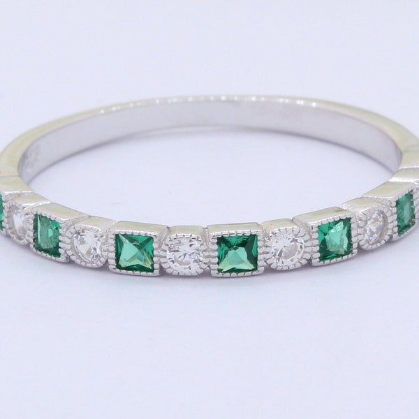 3mm Half Eternity Art Deco Wedding Band 925 Sterling Silver Round Square Princess Cut Emerald Green CZ Simulated Diamond CZ Alternating