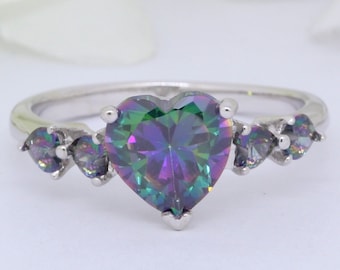 Heart Promise Ring Heart Mystic Rainbow Fire Topaz CZ 925 Sterling Silver