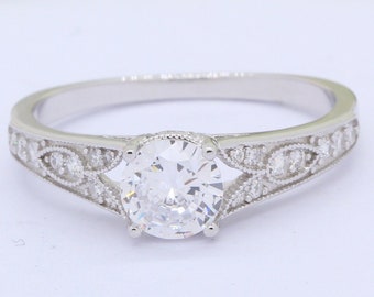Vintage Art Deco Halo 1.00 Carat Round Diamond CZ Vintage Wedding Engagement Art Deco Bridal Ring Solid 925 Sterling Silver