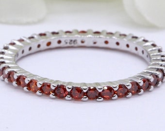 2mm Full Eternity Stackable Stacking Round Simulated Red Garnet Wedding Band Ring 925 Sterling Silver