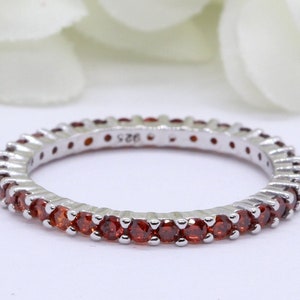 2mm Full Eternity Stackable Stacking Round Simulated Red Garnet Wedding Band Ring 925 Sterling Silver