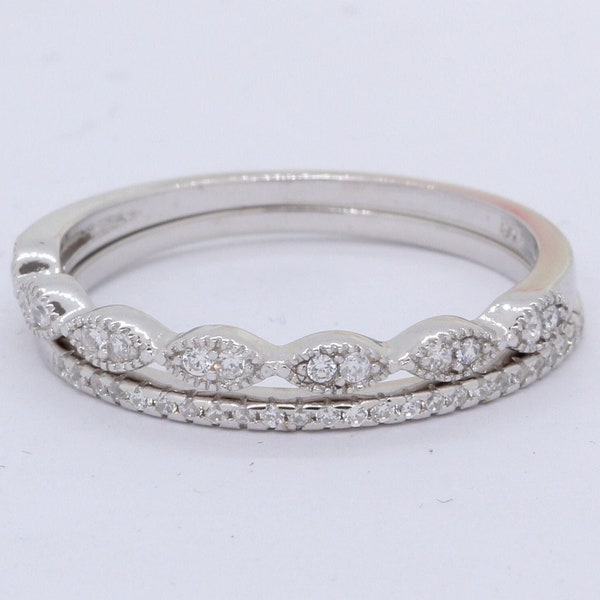 Two Piece Stacking Eternity Marquise Round Simulated Diamond CZ Wedding Band Ring  Art Deco Design 925 Sterling Silver Choose Color