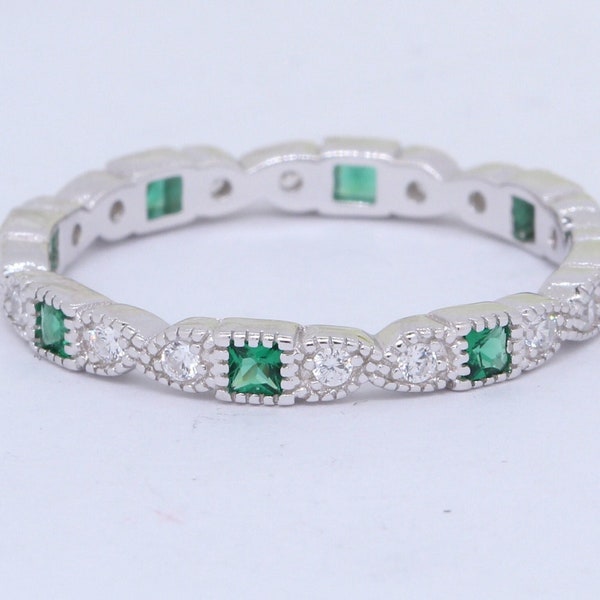 3mm Art Deco Band Ring Princess Cut Emerald Green Round Diamond CZ Solid 925 Sterling Silver Eternity Band Anniversary Wedding Alternating