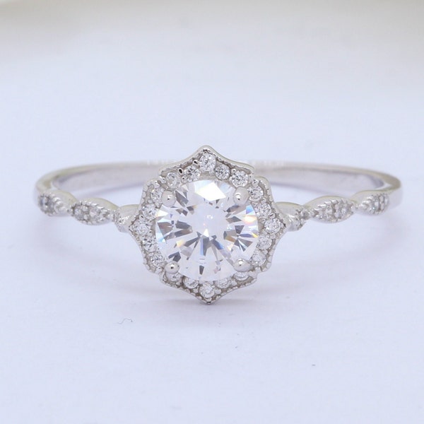 Art Deco Halo Wedding Engagement Ring Round Diamond CZ Accent Solid 925 Sterling Silver Bridal Jewelry, Wedding Ring