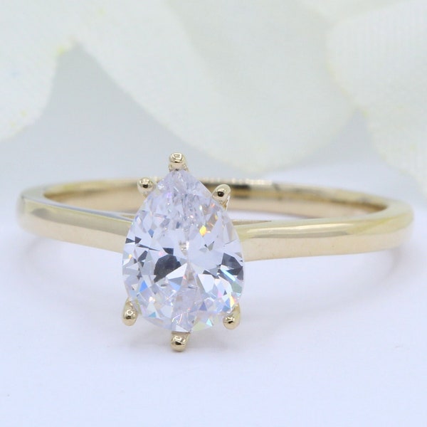 1.20 Ct Art Deco Solitaire Teardrop Pear Diamond CZ Solid 14k Yellow Gold Wedding Engagement Anniversary Bridal Ring Promise Ring White Gold