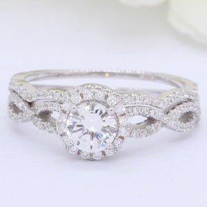 Vintage 1.00ct Round Simulated Diamond Art Deco Infinity Accent Dazzling Wedding Engagement Ring Band Two Piece Round CZ 925 Sterling Silver