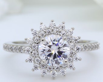 Starburst Art Deco Vintage Wedding Engagement Bridal Ring Round 1.50 Carat Diamond CZ Solid 925 Sterling Silver Choose Color