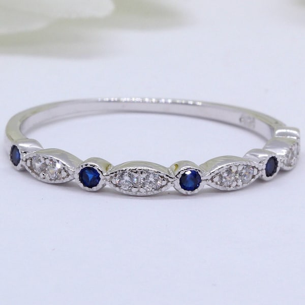 1.8mm Half Eternity Art Deco Wedding Band 925 Sterling Silver Round Simulated Blue Sapphire CZ Simulated Diamond CZ Alternating