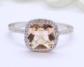 Halo Cushion Cut 2.75 Carat Simulated Peach Morganite Wedding Engagement Ring Round Diamond CZ Accent Sterling Silver