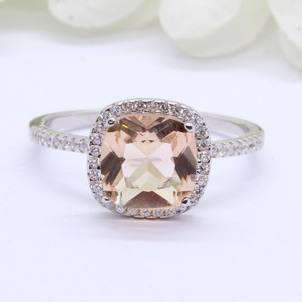 Halo Cushion Cut 2.75 Carat Simulated Peach Morganite Wedding Engagement Ring Round Diamond CZ Accent Sterling Silver